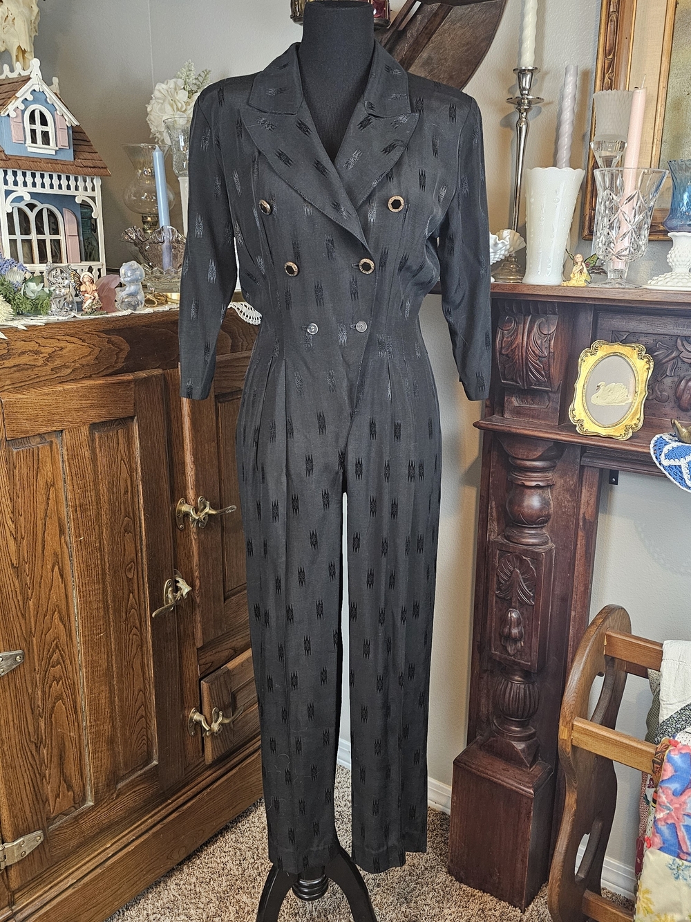 Vintage Rampage Black Jacquard Jumpsuit Double Breasted Shoulder Pads